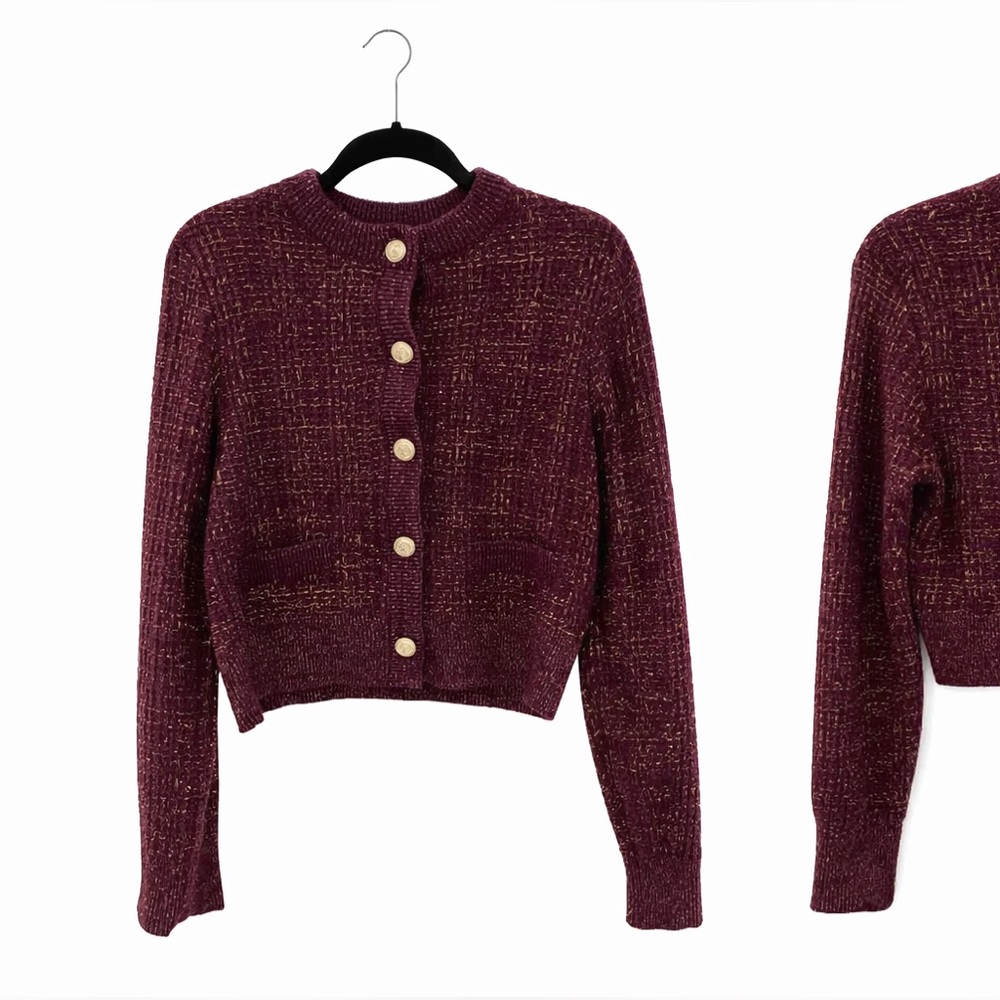 French Connection Women’s Metallic Tweed Knit Cardigan with Gold Buttons